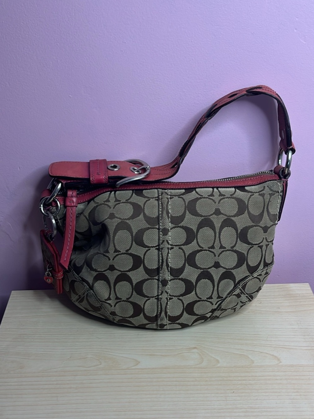 Coach Hobo Bag in Brown with Pink Trim with matching photo album charm